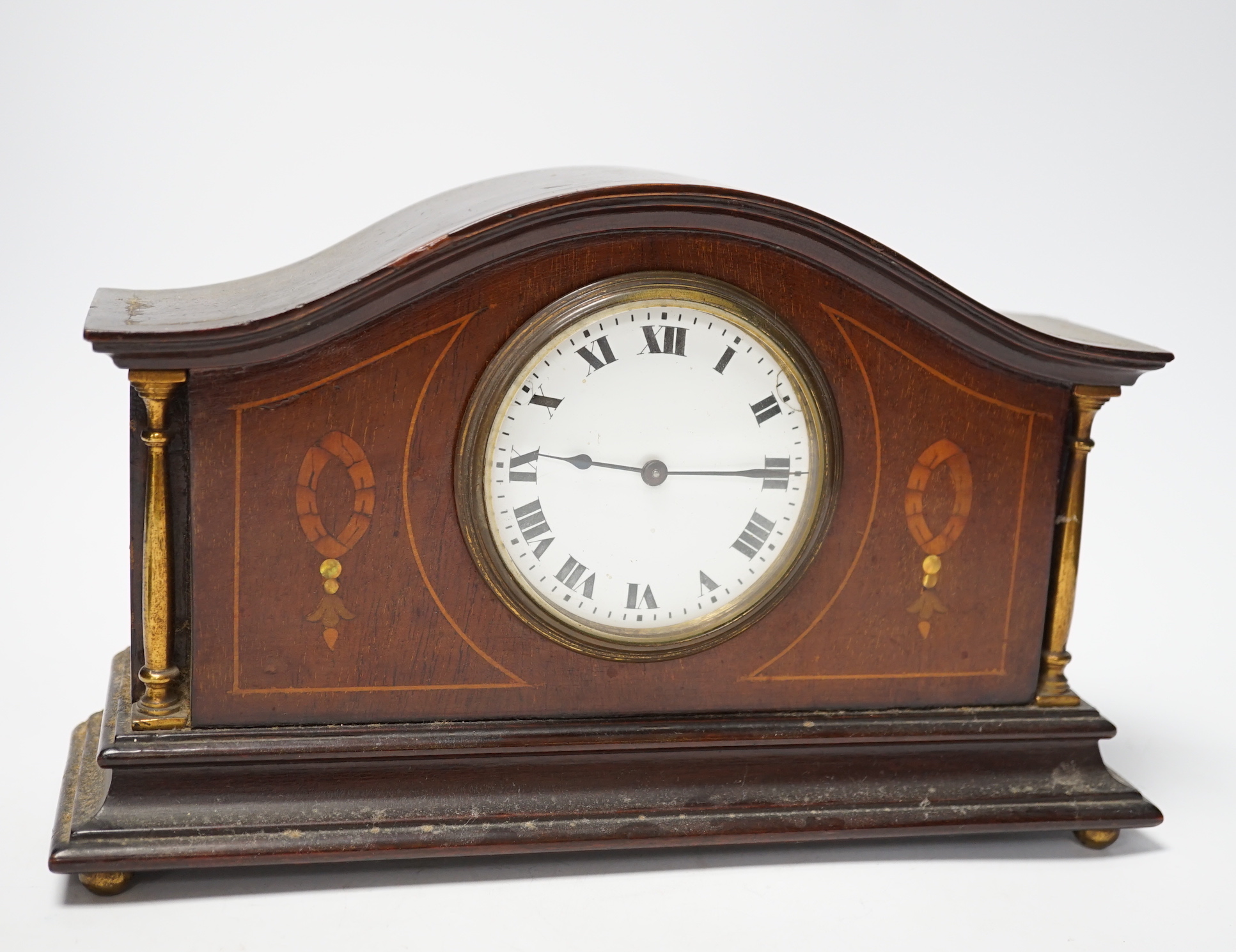 An Edwardian inlaid mahogany mantel timepiece, 29cm